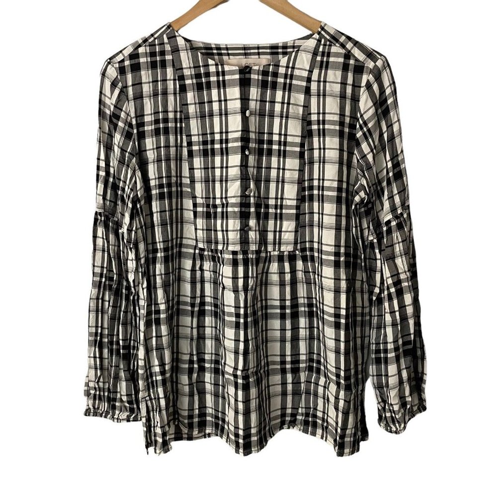 LOFT Women's White Black Plaid Long Sleeve Babydoll Blouse Size Medium M